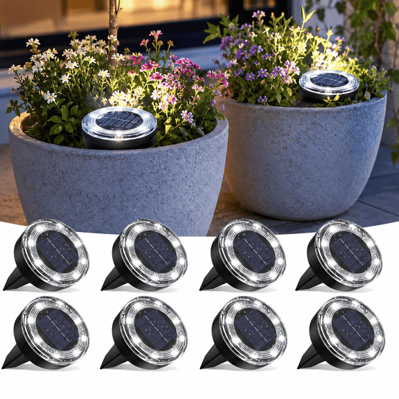 Uoguik 8 Pack Solar Ground Lights Outdoor, 8 LED Waterproof Solar Disk Lights for Garden Landscape Pathway Yard Deck Lawn Patio Walkway, White