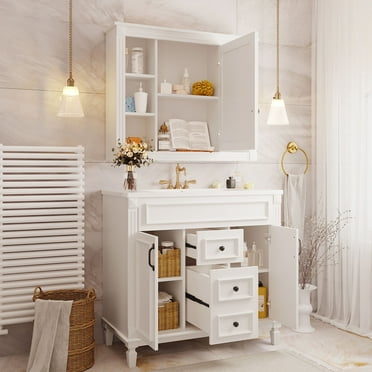 Uoisaiko 36" Bathroom Vanity Set with Top Sink & Wall Mounted Mirror Cabinet, Freestanding Single Cabinet Combo with Storage Shelves & 2 Drawers & 2 Soft Closing Doors