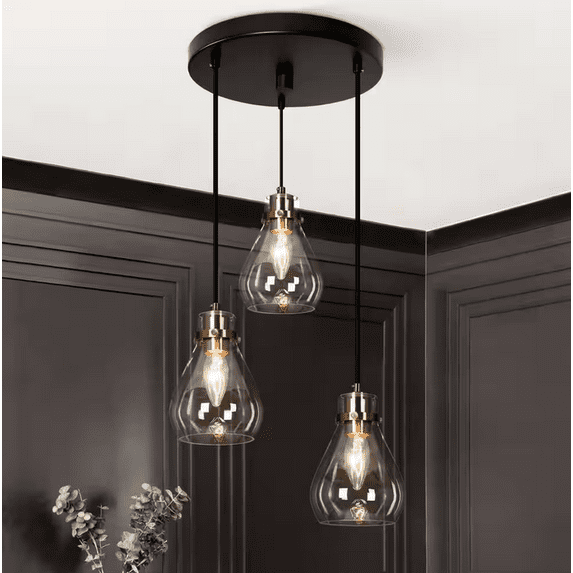 Uolfin Modern Black and Brass Chandelier 3-Light Height Adjustable Ceiling Light with Teardrop Clear Glass Shades