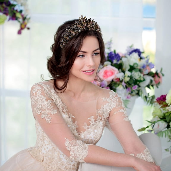 Uonlytech 1Pc Vintage Baroque Crown Black Rhinestones Bridal Wedding Headpiece Lightweight Durable