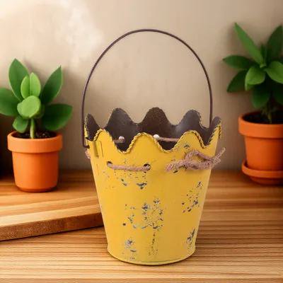 Uonlytech 1Pc Yellow Iron Flowerpot with Handle Durable Home Decor Plant Pot for Flower Arrangement