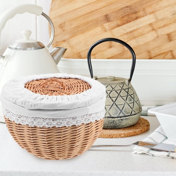 Uonlytech White Woven Bread Basket, Lid Included, Perfect for Home and Office Use