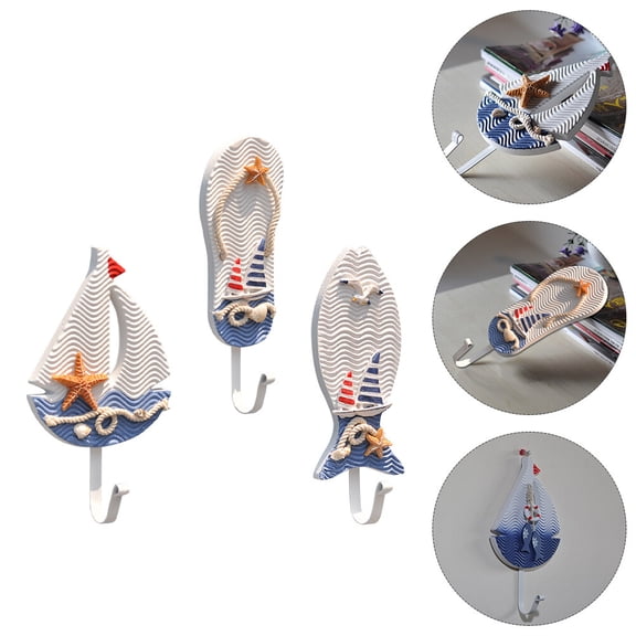 Uonlytech Decorative Wood Hooks Ocean Theme Assorted Colors for Home 3Pcs