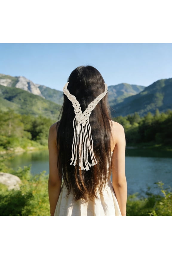 Beige Handmade Macrame Headband Bohemian Style Woven Cotton Rope Hair Accessory for Weddings