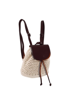 Handmade Brown Crochet Backpack Drawstring Flap Boho Purse Woven Bag for Travel