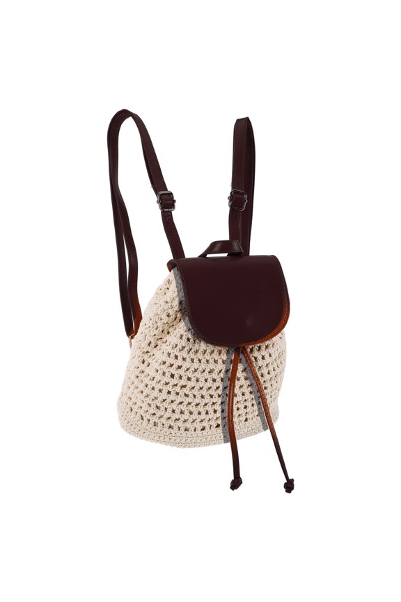 Handmade Brown Crochet Backpack Drawstring Flap Boho Purse Woven Bag for Travel