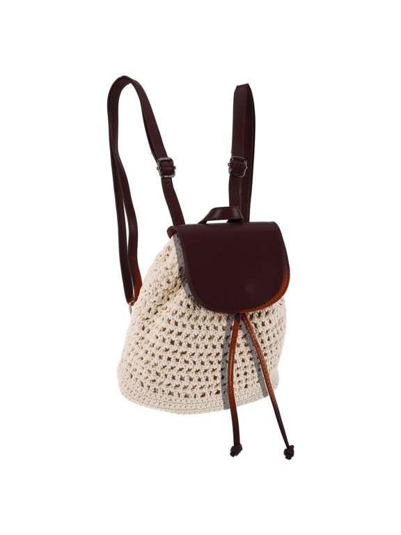 Brown Woven Crochet Backpack Purse with Breathable Knit Design for Travel