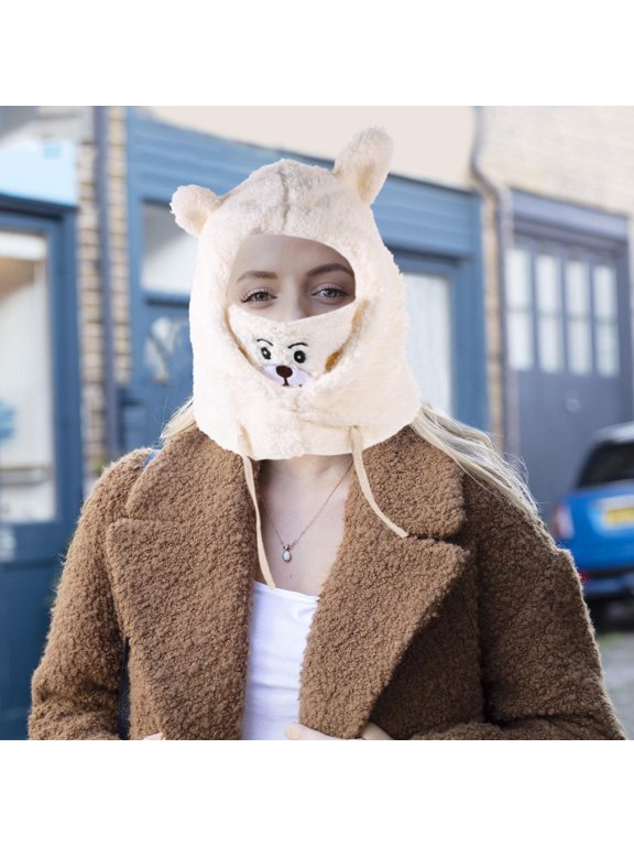 Winter Bear Hat with Plush Animal Design and Face Mask for Cold Weather