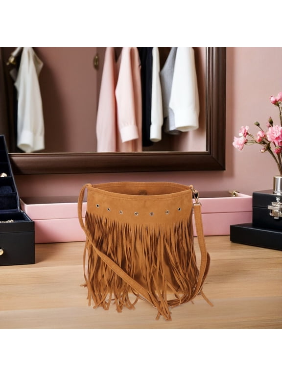 Brown Suede Retro Messenger Bag with Tassels Adjustable Strap Bohemian Style