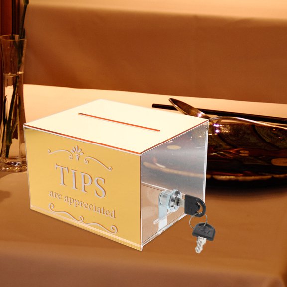 Uonlytech Secure Acrylic Tip Collection Box with Lock in Golden for Bar and Restaurant Use