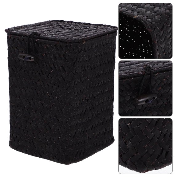 Uonlytech Sundry Woven Storage Box Black Straw Braid Desktop Container for Small Item Storage