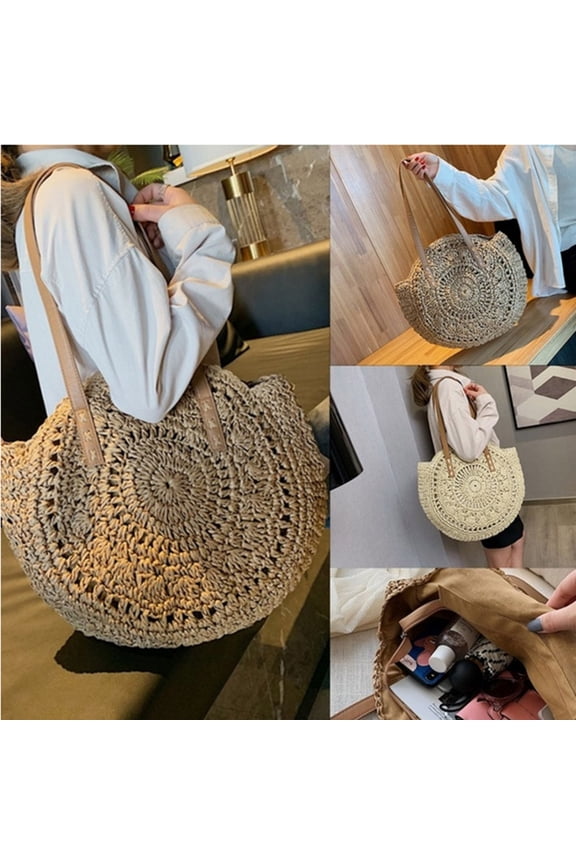 Travel Tote Handmade Woven Circle Rattan Bag Khaki Easy to Carry Shoulder Bag