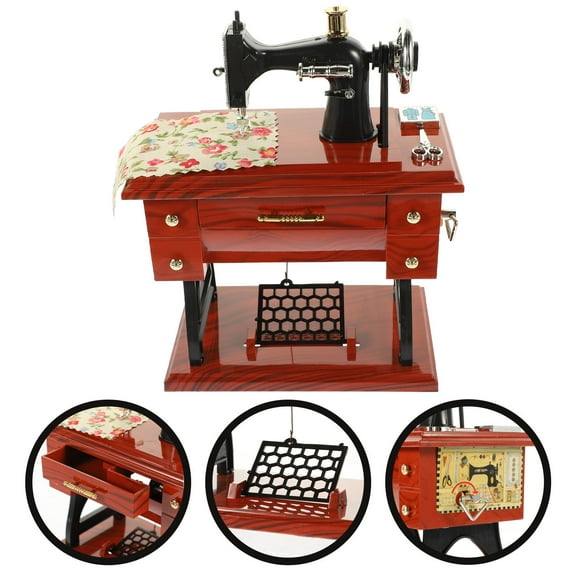 Uonlytech Creative Dark Red Vintage Sewing Machine Music Box for Decor