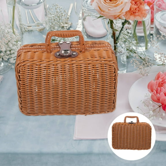 Uonlytech Handwoven Imitation Rattan Suitcase with Lock Light Brown Retro Storage Case