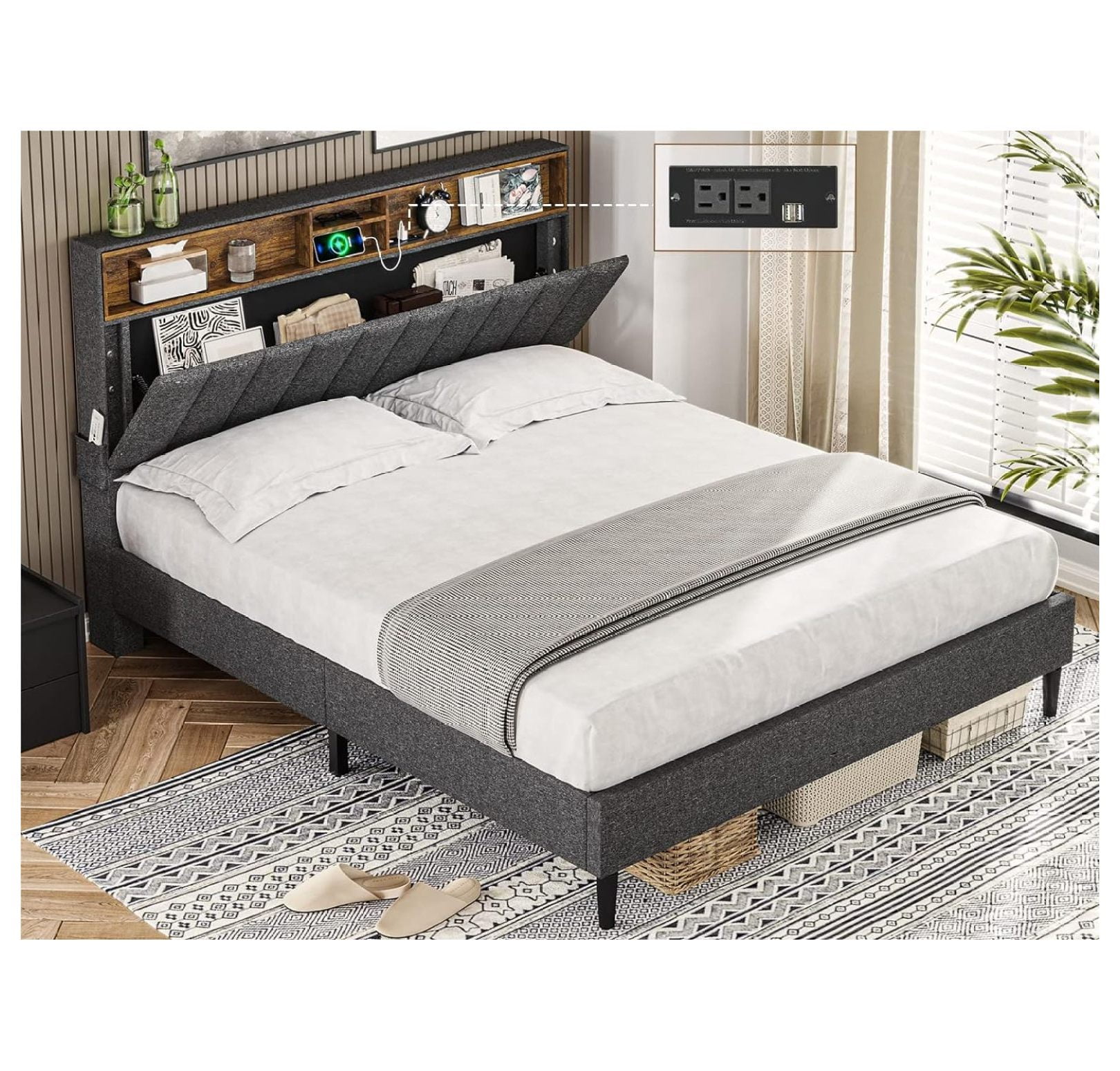 UooMi Full Size Bed Frame with Outlet and USB Ports, Modern Upholstered