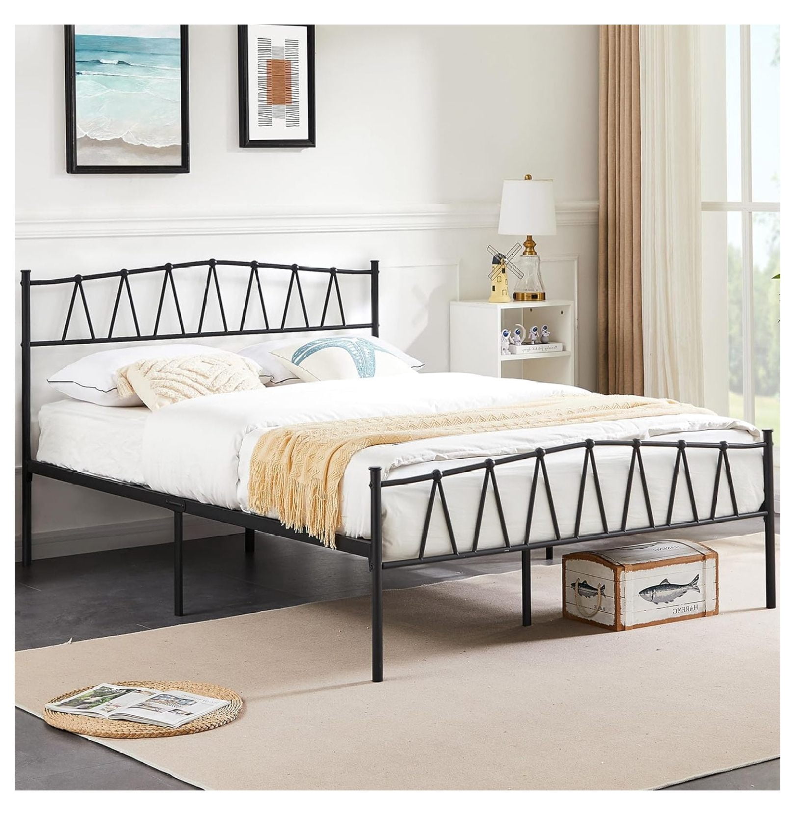 UooMi Queen Bed Frame, Vintage Metal Platform with Headboard, Mattress