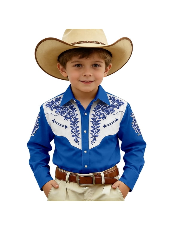 Boys Western Shirts Long Sleeve Pearl Snap Button Down Cowboy Shirt Toddler Kids Lapel Retro Country Tops 4-16 Years