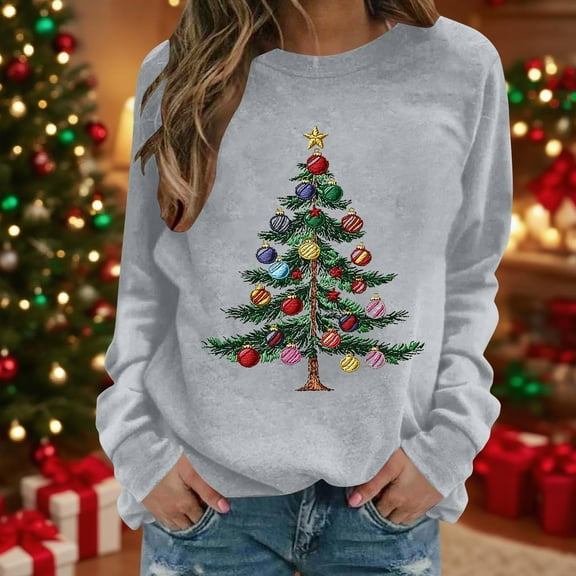 Uoodti Christmas Long Sleeve Sweatshirts for Women Gift Cute Christmas Tree Graphic Shirt Xmas Holiday Party Pullover Blouse