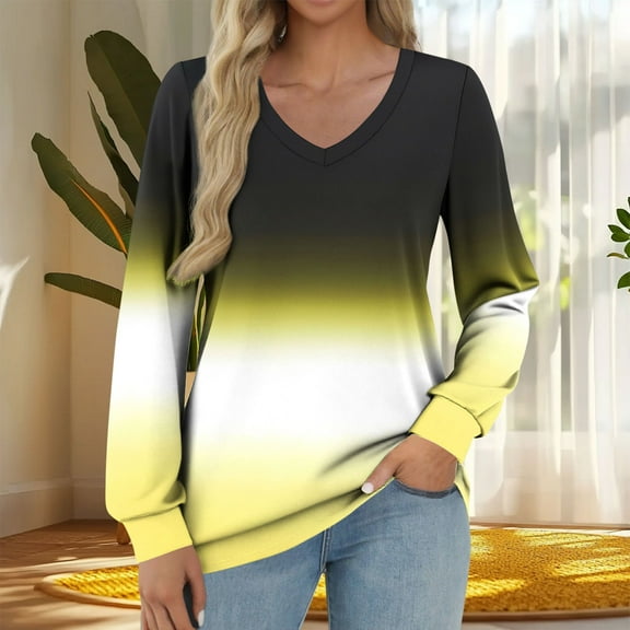 Uoodti Fall Tops for Women Trendy Long Sleeve Basic V Neck Ombre Shirts Loose Dressy Gift Blouse Casual Work Office Wear