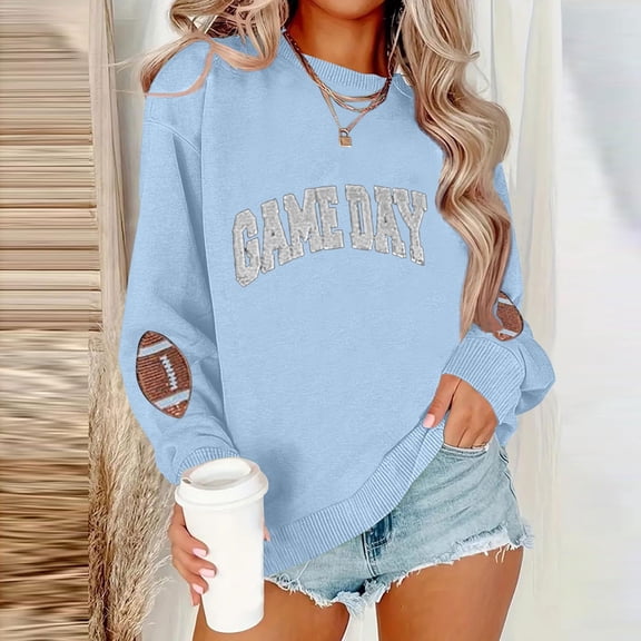 Uoodti Game Day Womens Long Sleeve Tops Round Neck Cute Football Sweatshirt Graphic Pullover Shirt Gift Casual Fashionable Top