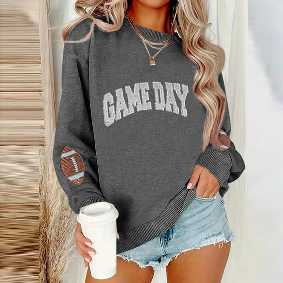 Uoodti Game Day Womens Long Sleeve Tops Round Neck Cute Football Sweatshirt Graphic Pullover Shirt Gift Casual Fashionable Top