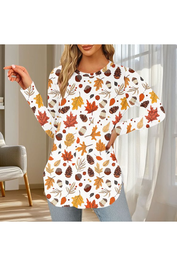 Uoodti Long Sleeve Crewneck Tunic Tops for Women Maple Leaf Print Dressy Going Out Casual Gift Blouse Fall Loose T-Shirts