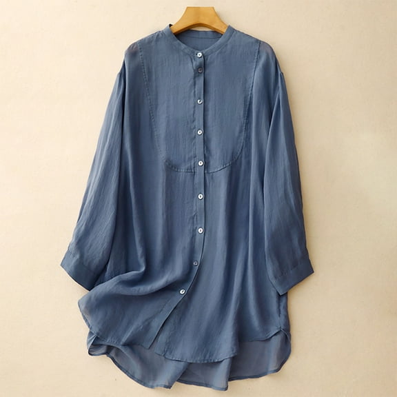 Uoodti Long Sleeve Shirts for Women Cotton Linen Button Down Shirts for Women Mandarin Collar Gift Blouses Casual Loose Tops