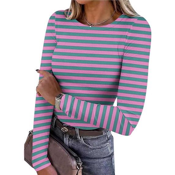 Uoodti Long Sleeve Shirts for Women Slim Fitted Stretchy Crewneck Knit Sweaters Women's Heart Print Ribbed Tops Fall Gift Casual