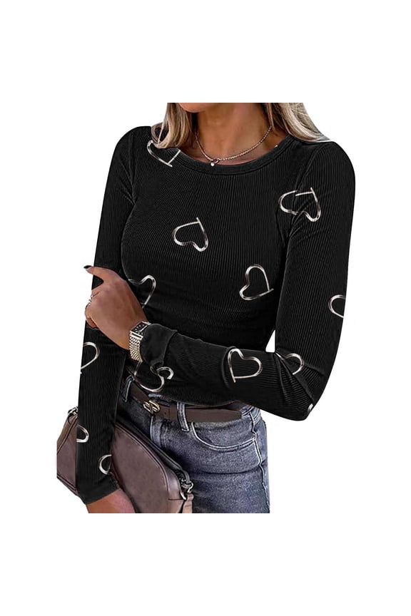 Long Sleeve Shirts for Women Slim Fitted Stretchy Crewneck Knit Sweaters Women's Heart Print Ribbed Tops Fall Gift Casual