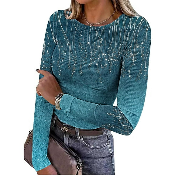 Uoodti Long Sleeve Shirts for Women Slim Fitted Stretchy Crewneck Knit Sweaters Women's Heart Print Ribbed Tops Fall Gift Casual