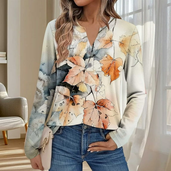 Uoodti Long Sleeve Shirts for Women V Neck Quarter Button Down T-Shirts Fall Fashion Clothes Gift Dressy Basic Graphic Print Comf