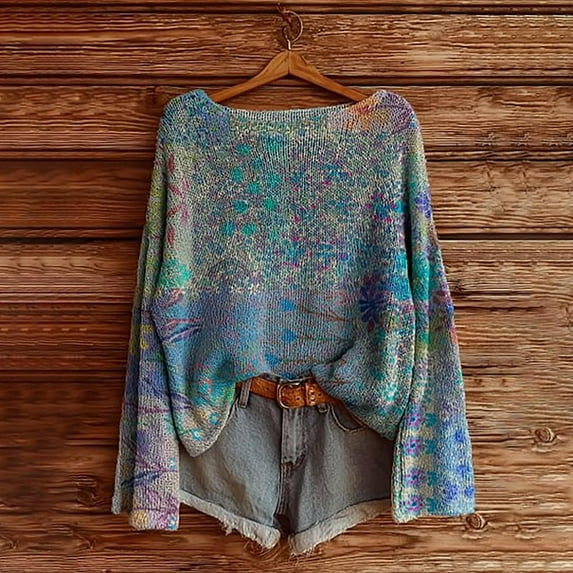 Uoodti Long Sleeve for Women Oversized Knit TopsBoho Vintage Shirts Ethnic Graphic Cute Gift Fall Casual Pullover Sweaters