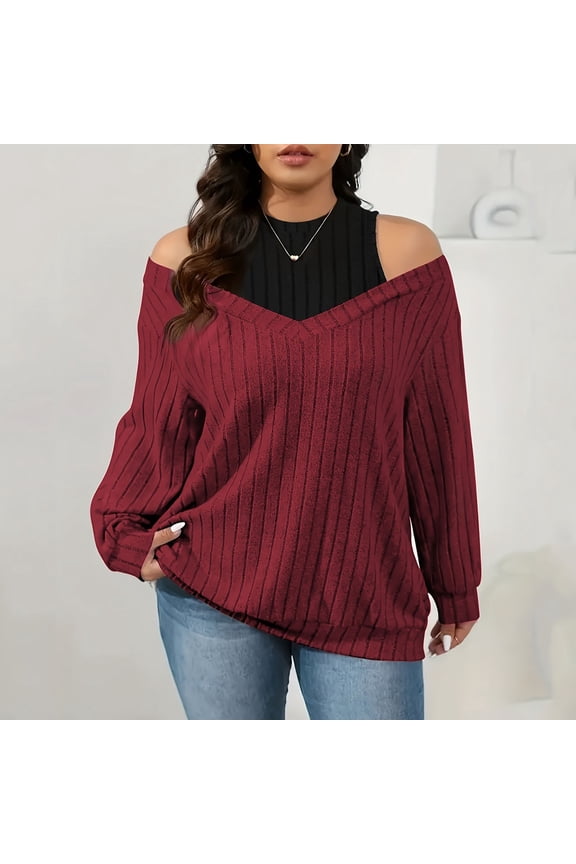 Uootdi Sweaters for Women Long Sleeve Plus Size Cold Shoulder Tops for Women Dressy Going Out Casual Blouse Gift Fall Loose Ribbed