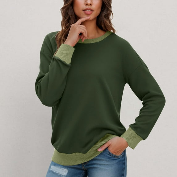 Uoodti Sweatshirts for Women Long Sleeve Crewneck Loose Fit Tops Color Block Ribbed Trim Fashion Gift Sweatshirts