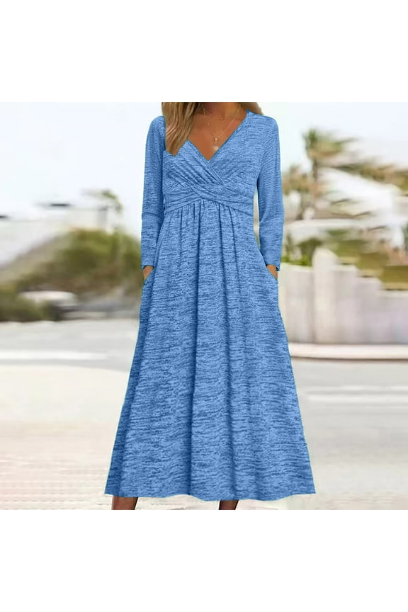 Uoodti Women's Casual Long Sleeve Maxi Gift Dress Ruched Cross V Neck High Waisted Fall Comfy Dresses with Pockets Loose Daily