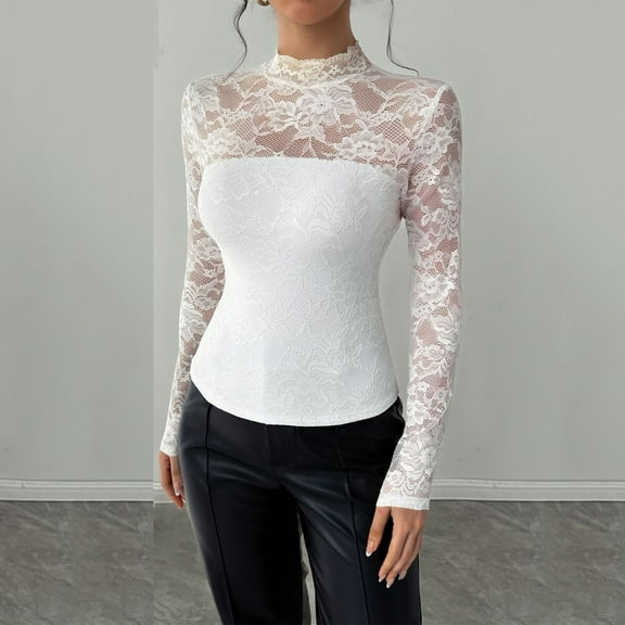 Uoodti Women's Lace Long Sleeve Mesh Top Mock Neck Sheer See Through Floral Layer Slim Shirt Party Club Gift Night Blouses