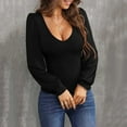 thumbnail image 1 of Uoodti Women's Long Sleeve Puff Sleeve Bodysuit Sexy Lightweight Low V Neck Body Suits Fitted Gift Fall Going Out Tops, 1 of 7
