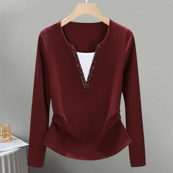 Uoodti Women's Long Sleeve Shirt Casual V Gift Neck Sparkle Rhinestone Lightweight Blouses Fall Winter Ruched Business Office T unic Tops