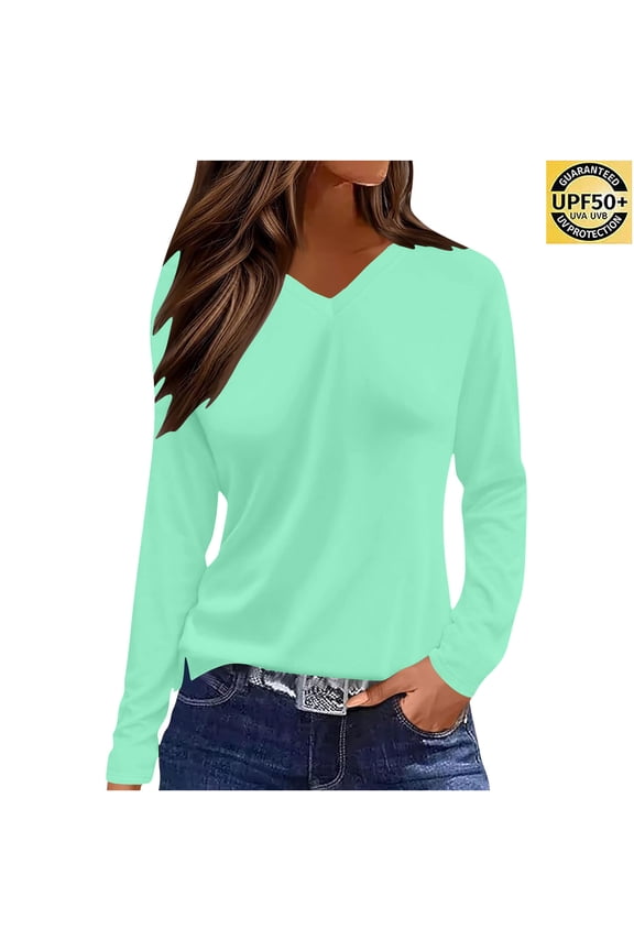 Uoodti Women's Long Sleeve V Neck Cotton T Shirts Casual Color Solid Relaxed Tops Basic Tees Gift