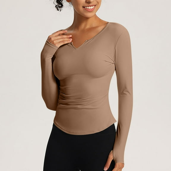 Uoodti Women's Long Sleeve V Neck Yoga Slim fit Skinny Top Shirt Basic Soft Blouse Gift Solid Running Shirt Breathable Sports