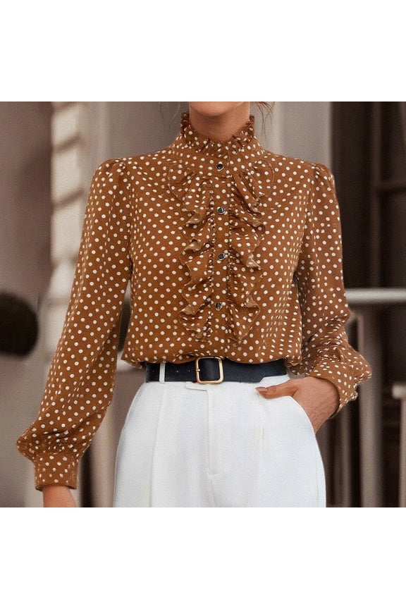 Womens Blouses Long Sleeve Frenchy Dot Print Ruffle Trim Blouse Ruffled Stand Collar Tops Elegant Button Front Gift Casua l Shirt