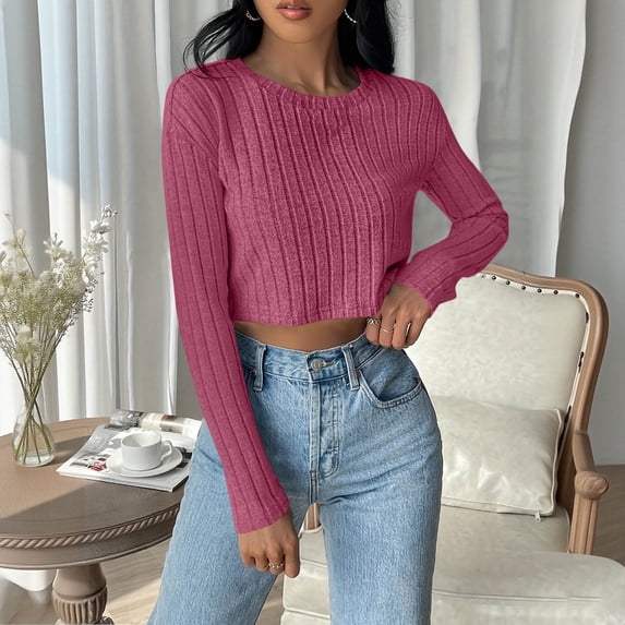 Uoodti Womens Long Sleeve Crop Tops Crewneck Sweaters Textured Loose Fit T Shirts Basic Tees Gift Casual Fall Solid Color Knitwea