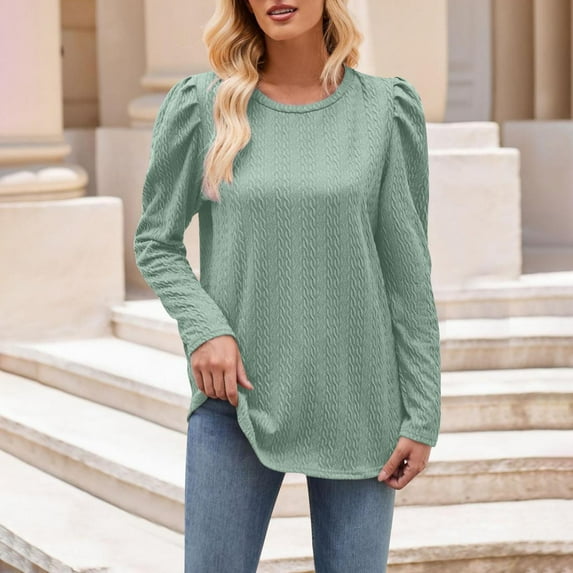 Uoodti Womens Long Sleeve Fall Sweaters Dressy Casual Pullover Tops Puff Cable Knit Gift Business Jumper Shirt Blouse