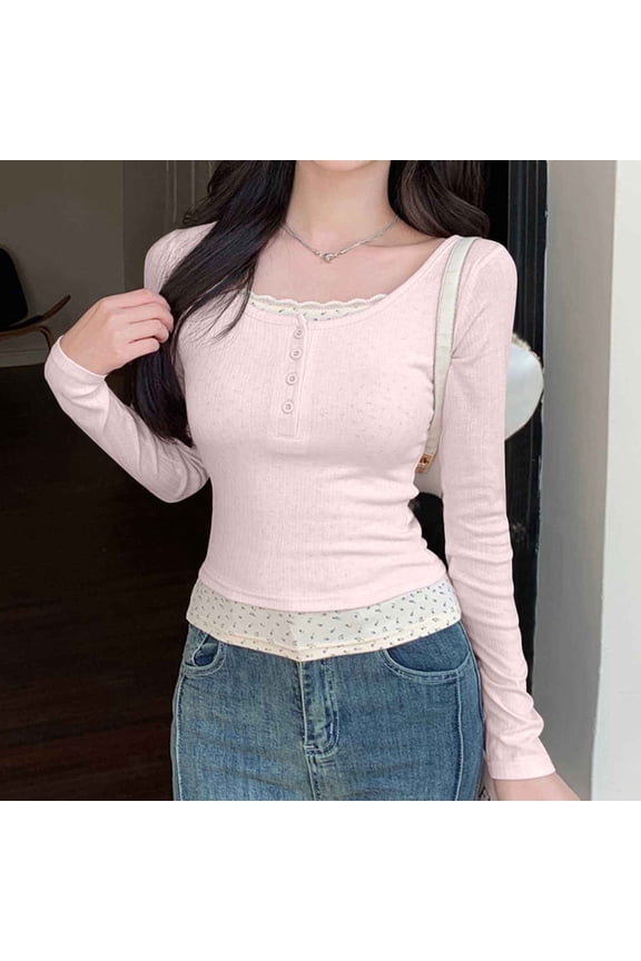 Womens Long Sleeve Floral Layered Lace Trim Y2K Cute Tshirt Button Coquette Floral Summer Ribbed Knit Gift Crop Top Fairyc