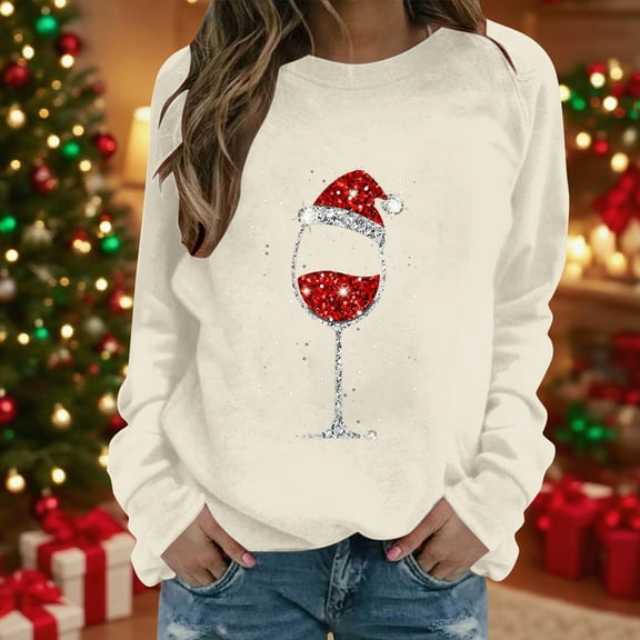 Uoodti Womens Long Sleeve Plus Size Gift Crewneck Sweatshirts Ugly Christmas Sweater Women Funny Red Wine Glass Shirts Pullover