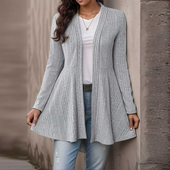 Uoodti Womens Open Front Long Sleeved Peplum Gift Cardigan Jacket Medium Long Solid Color Casual Knit Sweater Jacket Casual Wint er Coat