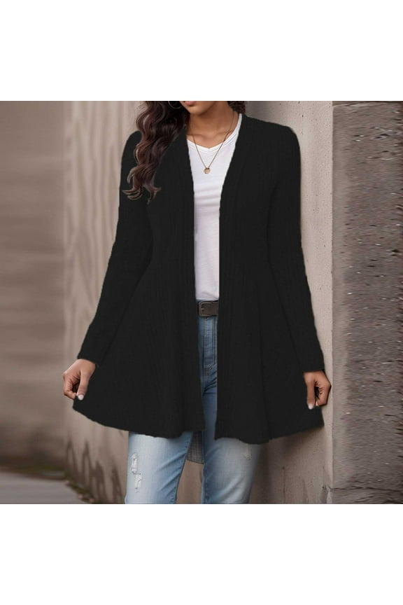 Uoodti Womens Open Front Long Sleeved Peplum Gift Cardigan Jacket Medium Long Solid Color Casual Knit Sweater Jacket Casual Wint er Coat