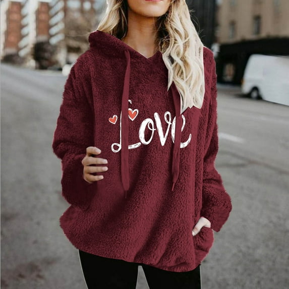 Uoodti Womens Oversized Hoodies Drawstring Long Gift Sleeve Love Print Fleece Sweatshirt Sherpa Pullover Fuzzy Fleece Pullove r with Pockets