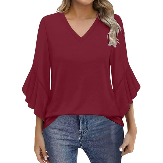 Uooqdmx Bell Sleeve Tops for Women, V Neck T Shirts for Women, Lightweight Tops & Blouses, 3/4 Length Sleeve Womens Tops, Plain T Shirts for Women, Wine XXL