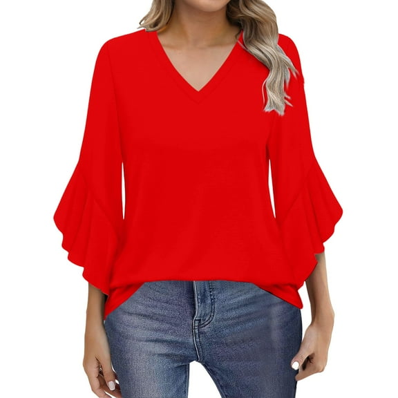 Uooqdmx Bell Sleeve Tops for Women, V Neck Tops for Women, Blouses for Women, 3/4 Sleeve Tops for Women, Going Out Tops for Women, Watermelon Red XXL